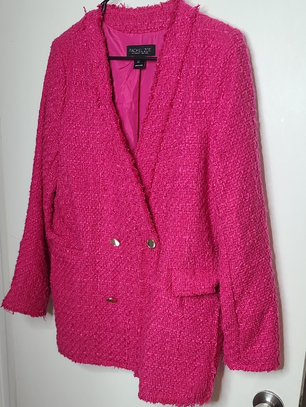 Rachel Zoe Vibrant Pink Bouclé Double-Breasted Blazer